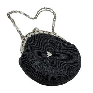 Round Black Beaded Evening Bag w/ Crystal Trim & Silvertone Chain Magnetic Clasp